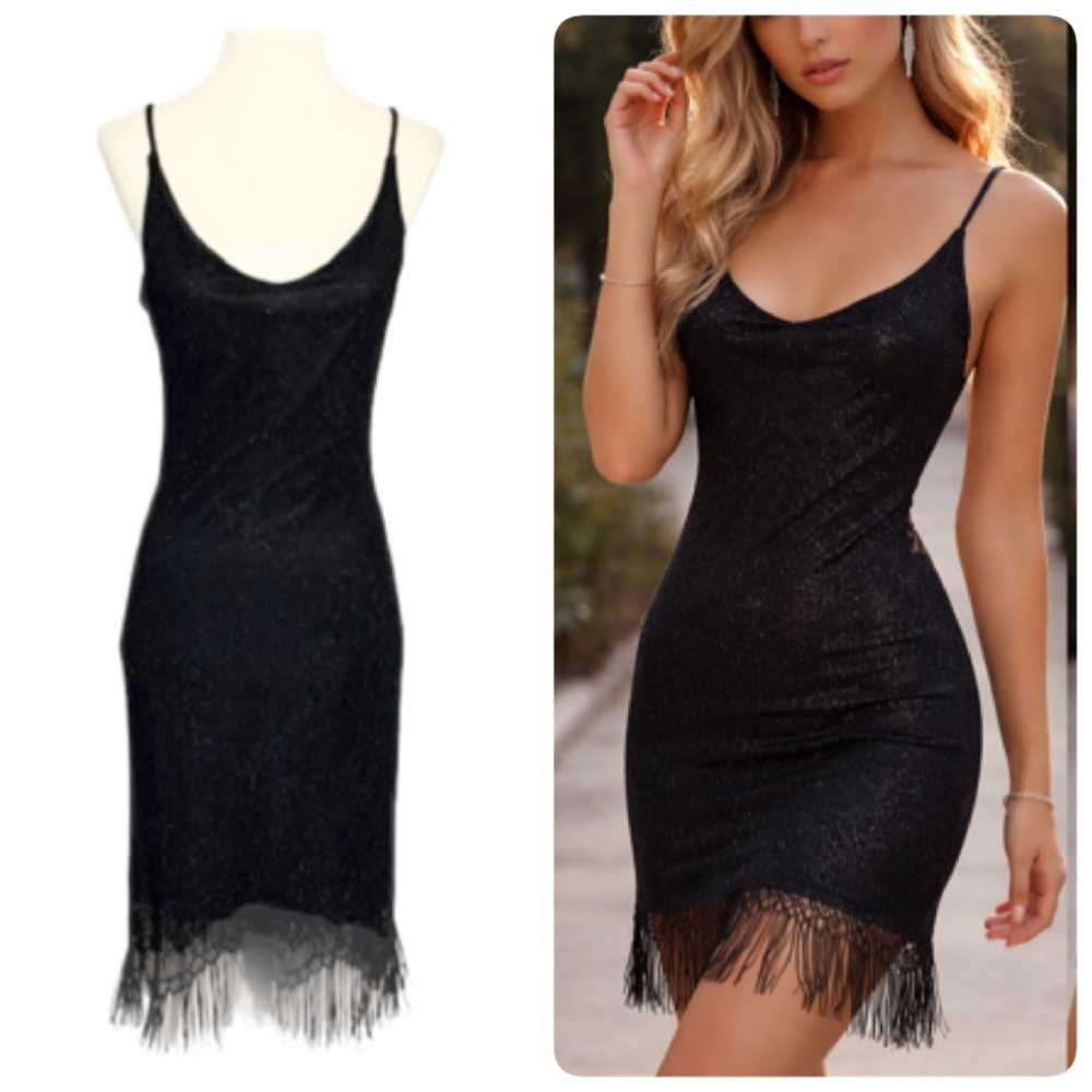 Vintage Harlow black lace fringe dress, S